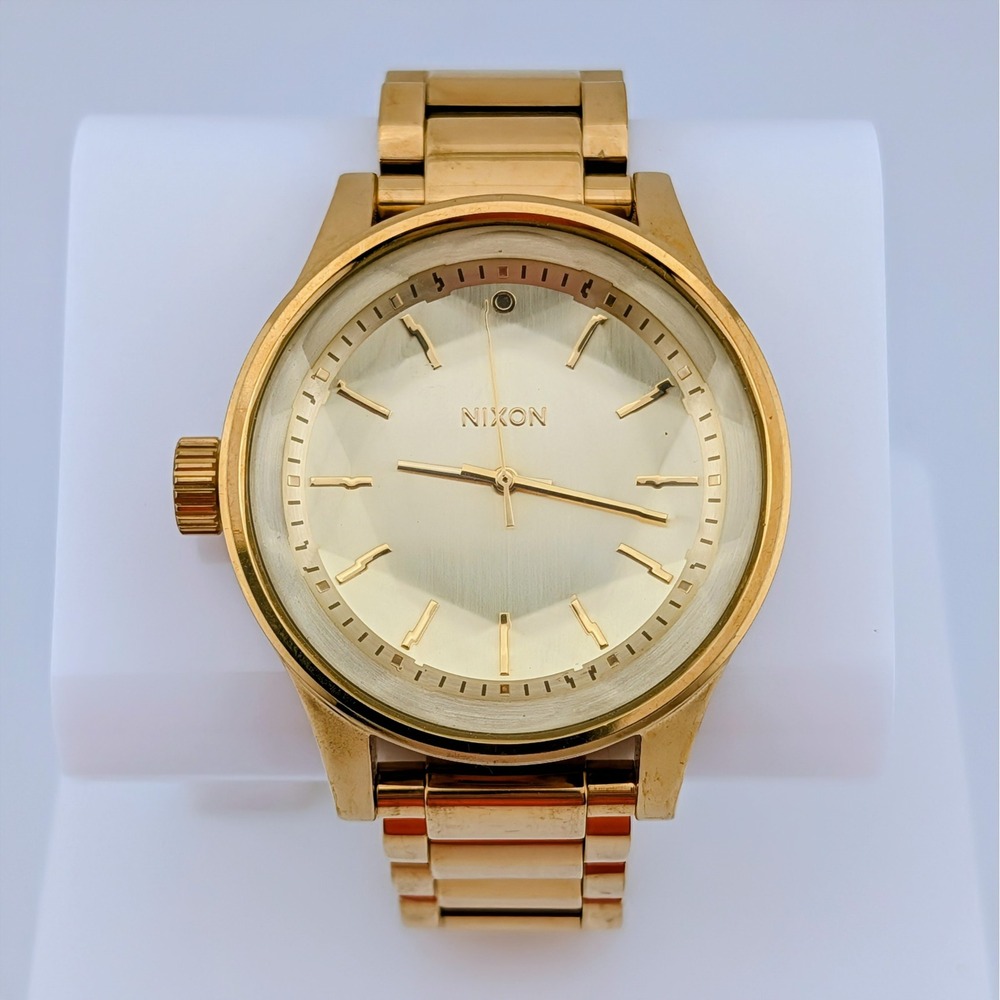 Nixon The Facet Gold Tone 42mm Men's Watch Faceted Crystal Left Crown 7"